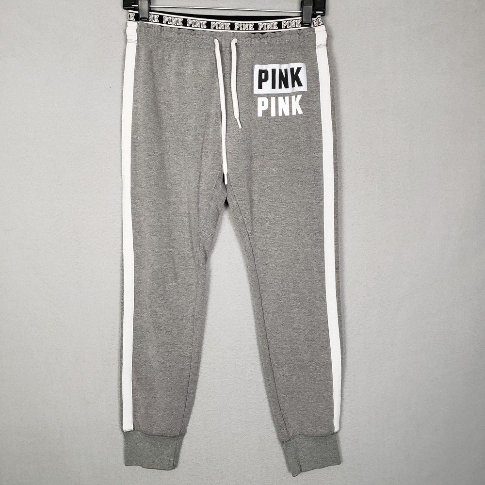 PINK Victoria's Secret Track Stripe Jogger Pants Gray Sweatpants Lounge Comfy S